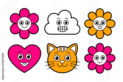 This image captures a vibrant collection of cartoon faces featuring flowers and an adorable orange cat, evoking feelings of joy and playfulness in a whimsical style.