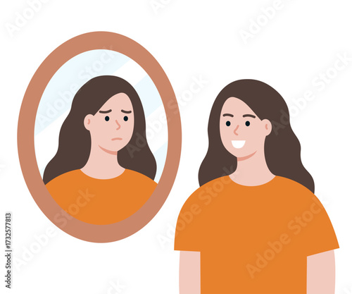 Girl reflection looking in the mirror. Beauty, lifestyle, image, mental health, ego, stress, anxiety concepts. Flat vector character design isolated illustration.