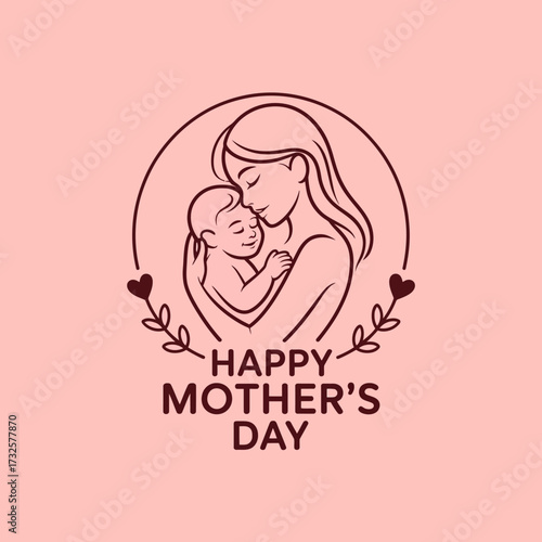An elegant illustration showcasing a mother cradling her baby, with the words 'Happy Mother's Day' framed beautifully, highlighting the joy of motherhood and bonding.