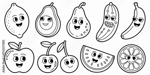 This vibrant and playful illustration portrays various fruit characters, each adorned with happy faces, promoting a fun and engaging approach to healthy eating habits.
