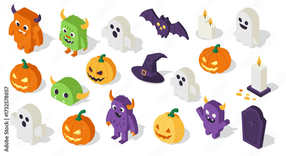 Fototapeta premium Playful isometric halloween characters and objects for festive designs