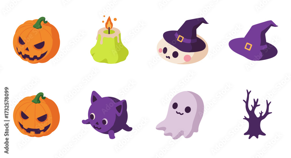 Naklejka premium Halloween icons with cute pumpkin, witch hat, ghost, and candle in isometric style