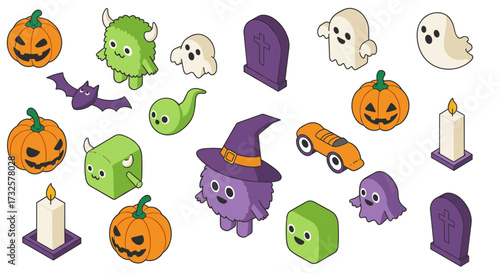 Cute isometric halloween icons with ghosts, pumpkins, and monsters in fun colors