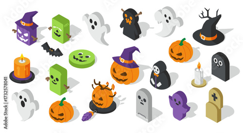 Spooky isometric halloween icons with pumpkins, ghosts, and haunted elements