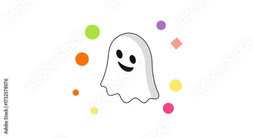 Happy cartoon ghost with colorful shapes on white background
