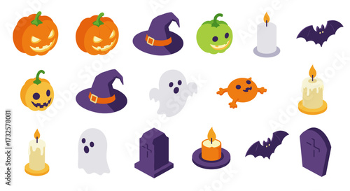 Colorful halloween icons: pumpkins, ghosts, witch hats, and more in isometric style
