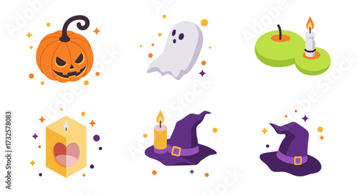 Halloween isometric icons: pumpkin, ghost, candles, witch hat, spooky elements