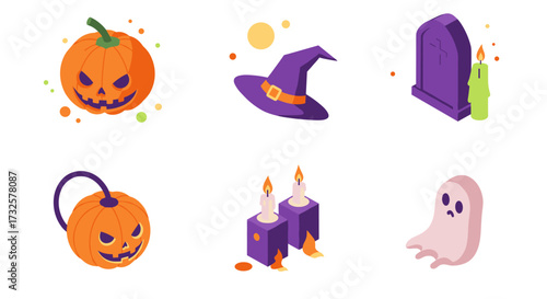 Colorful isometric halloween icons: pumpkin, ghost, witch hat, grave with candle, spooky elements