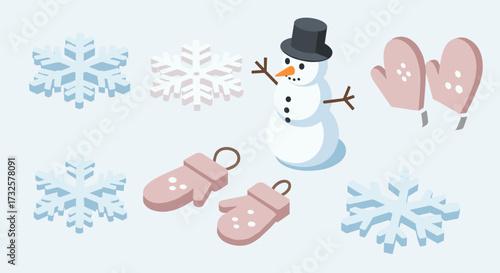 Festive winter elements with snowflakes, snowman, mittens in isometric style