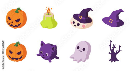 Halloween icons with cute pumpkin, witch hat, ghost, and candle in isometric style