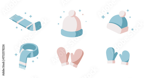 Winter clothing set with hats, scarves, and mittens in a soft color scheme