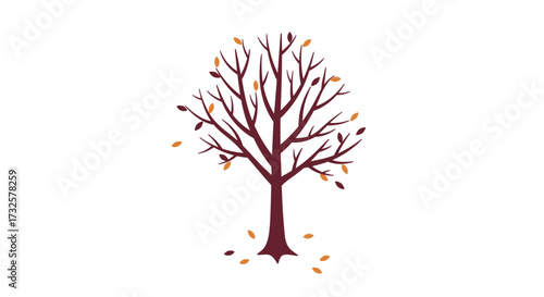 Autumn tree with falling leaves on white background