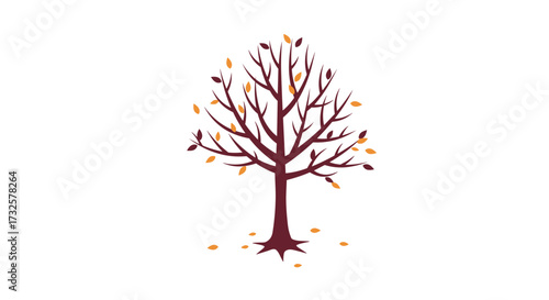 Autumn tree with falling leaves on white background