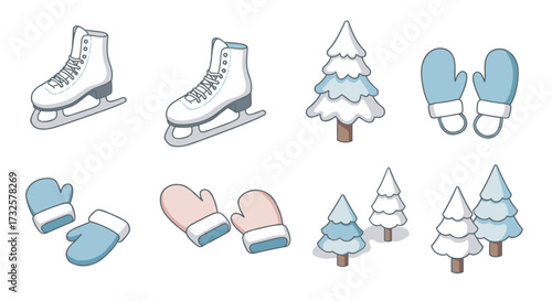 Winter sports and activities: cozy mittens, ice skates, and snowy trees in pastel tones