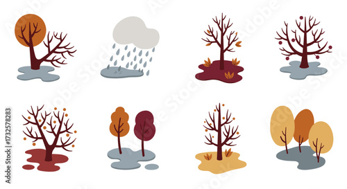 Autumn trees and rainy clouds in minimalist style