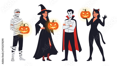 Spooky Spectacle: An illustrated depiction of four figures in iconic Halloween costumes holding glowing jack-o'-lanterns, evokes a sense of joyful fright.