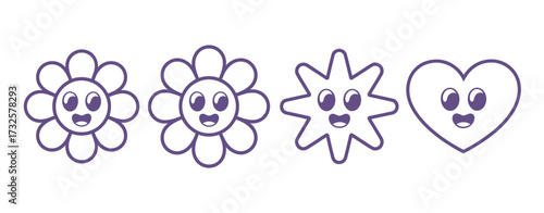 This playful image showcases cartoon flowers and a heart, all with big smiles and vibrant colors, perfect for projects that need a touch of warmth and joy.
