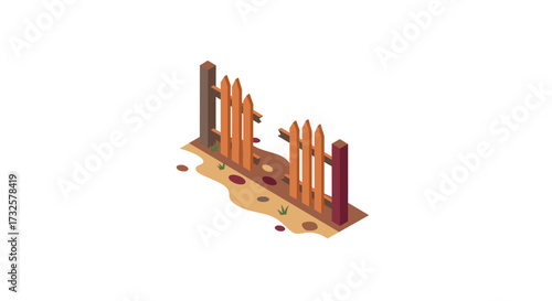 Rustic wooden fence in isometric style with earth and grass elements