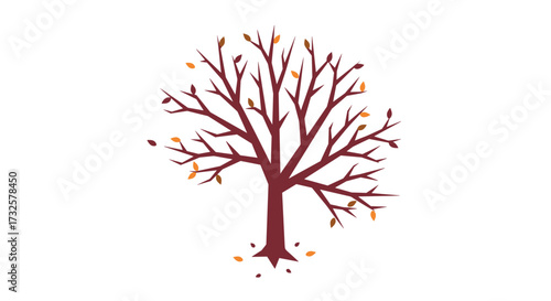 Autumn tree silhouette with minimalist branches and falling leaves