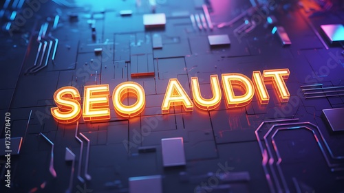 Glowing SEO Audit Text on Futuristic Circuit Board