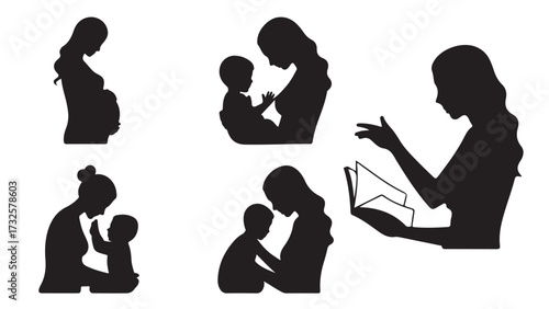 Silhouette set of mother and child vector illustration of motherhood moments isolated on white background