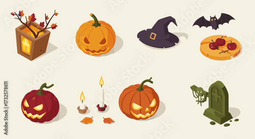 Isometric halloween icons: pumpkins, tombstones, and spooky elements