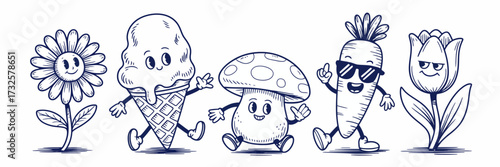 A fun ensemble of cartoon characters featuring a flower, ice cream, and vegetables, each with distinct emotions, embodying joy, playfulness, and a lighthearted spirit.