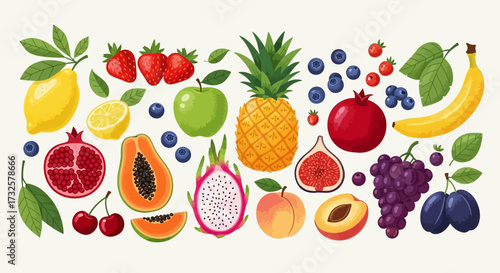 A colorful assortment of various fruits, including berries, citrus, and tropical varieties.