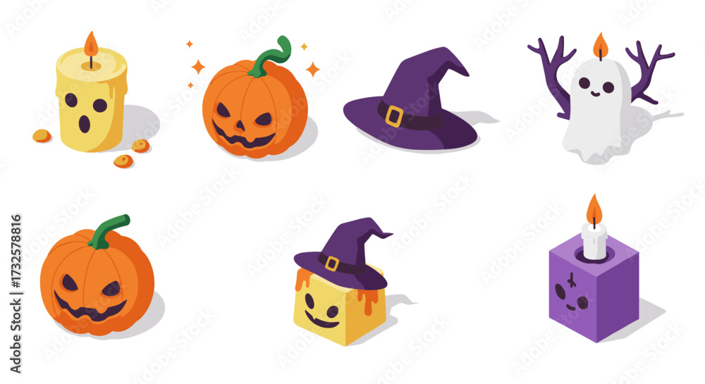 Naklejka premium Isometric halloween icons: pumpkin, witch hat, candle, ghost for festive design