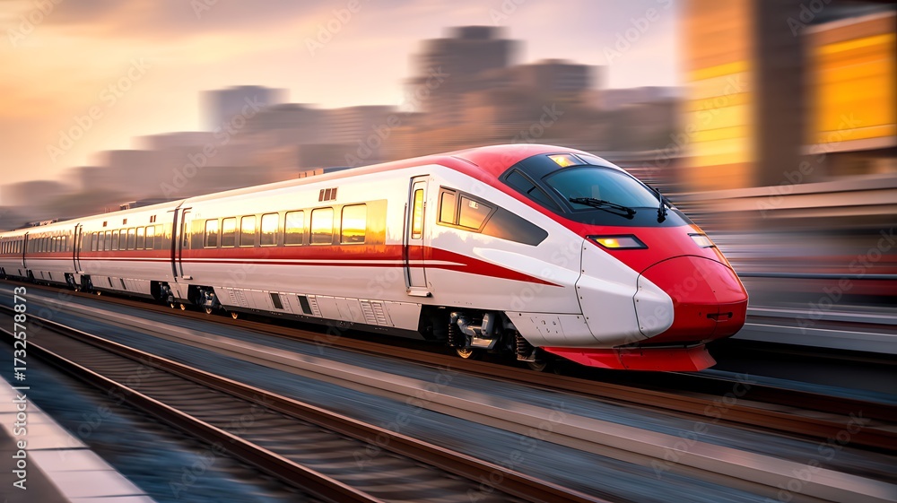 Fototapeta premium High-Speed Train Blurs Through Cityscape at Sunset