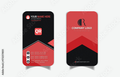Modern vertical business card design with red and black accents