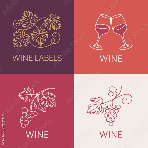 A contemporary design featuring elegant wine glasses, grapes, and artistic elements representing the wine industry, perfect for wine label designs and branding.