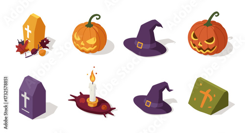 Isometric halloween icons set featuring pumpkins, witch hats, and tombstones