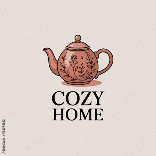 A chic teapot illustration set against a neutral background, adorned with floral elements, perfect for promoting a cozy home aesthetic and warm tea experiences.