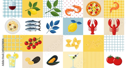 A vibrant collage of Italian cuisine ingredients and dishes, including pasta, seafood, pizza, and lemons, arranged in a colorful patchwork pattern.