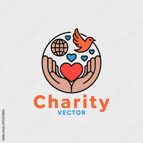 This vibrant charity vector artwork illustrates hands, hearts, and a bird, symbolizing love, global unity, and the importance of compassion in charitable efforts.