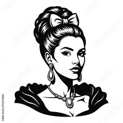 Elegant woman with elaborate hairstyle and jewelry dramatic portrait vintage style black and white silhouette