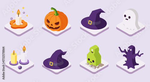 Spooky halloween icons featuring pumpkins, witches hats, and ghosts in isometric style