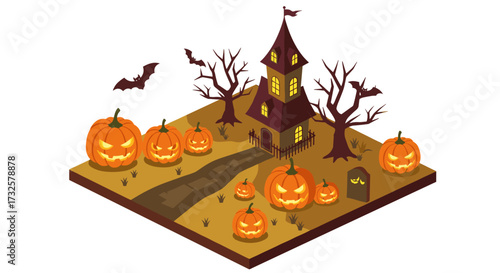 Isometric halloween scene with haunted house and jack-o'-lanterns