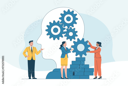 Illustrating a human silhouette filled with gears, this image emphasizes the power of teamwork and inventive thinking in driving progress and development in various fields.