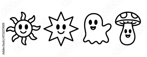 Featuring a collection of joyful cartoon icons, including a sun, star, playful ghost, and a mischievous mushroom, this image evokes feelings of happiness and fun.