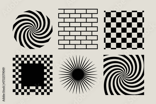 This image showcases various black and white optical illusions and patterns, playing with perception and creating a dynamic and engaging visual experience.