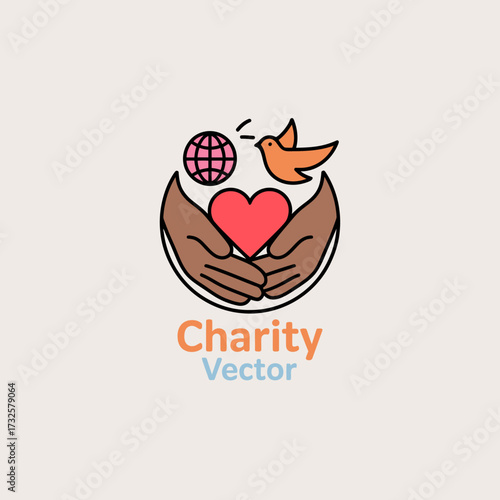 This engaging charity vector art shows diverse hands holding a heart, symbolizing love, support, and unity in the context of charitable endeavors across the globe.