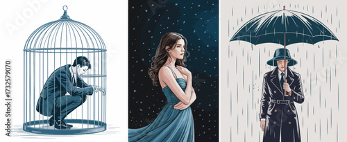 An evocative illustration depicting a woman in a flowing blue gown, captured in a starry night setting, expressing feelings of beauty and melancholy through thoughtful artistry.