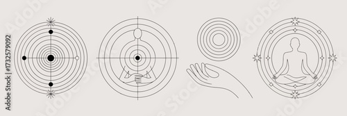 This image showcases an abstract representation of human meditation surrounded by concentric circles, blending geometric elements with a sense of inner peace and harmony.