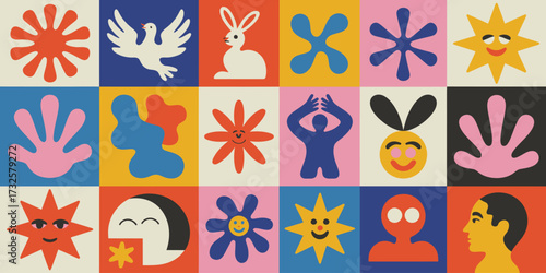 A charming array of playful forms and colors, merging abstract concepts with representational elements to evoke feelings of happiness and creativity in a playful artistic style.