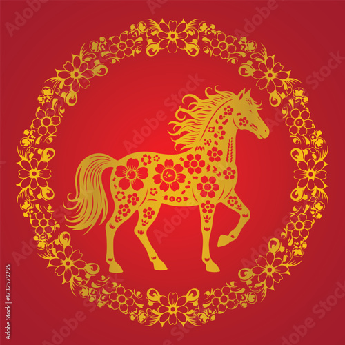 A golden floral horse prances within a floral wreath against a vibrant red backdrop, Chinese New Year Festival Traditional design.