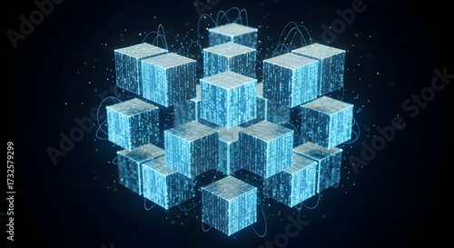 Abstract visualization of a decentralized data network with interconnected glowing blue digital cubes and futuristic light trails