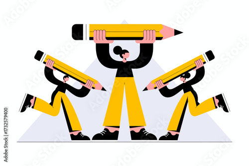 An engaging illustration depicting three designers holding large pencils, emphasizing teamwork and artistic collaboration in a colorful and modern design aesthetic.