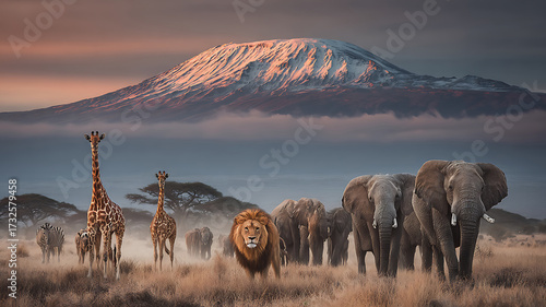 Majestic African Wildlife Gathering: Lion, Elephants, Giraffes, Zebras on Savanna with Mount Kilimanjaro at Sunrise
